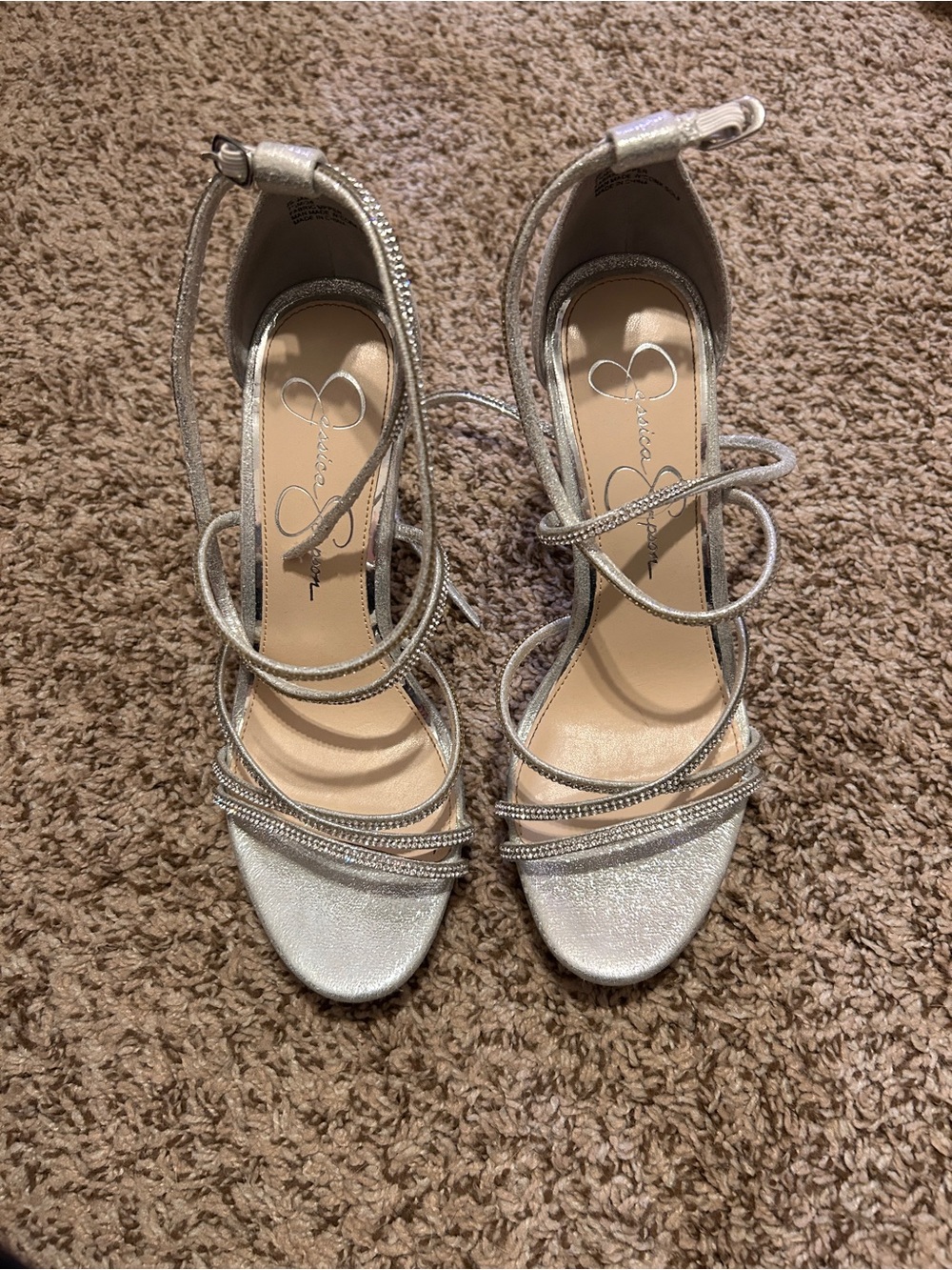Jessica Simpson Sparkling Silver Strappy Heels with Ankle Wrap